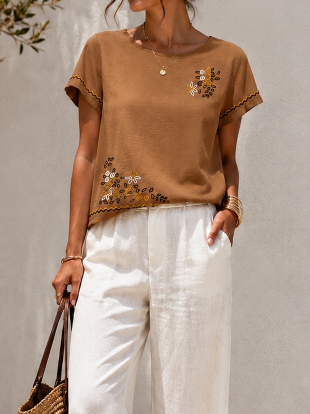 Vintage Embroidered Tan Top